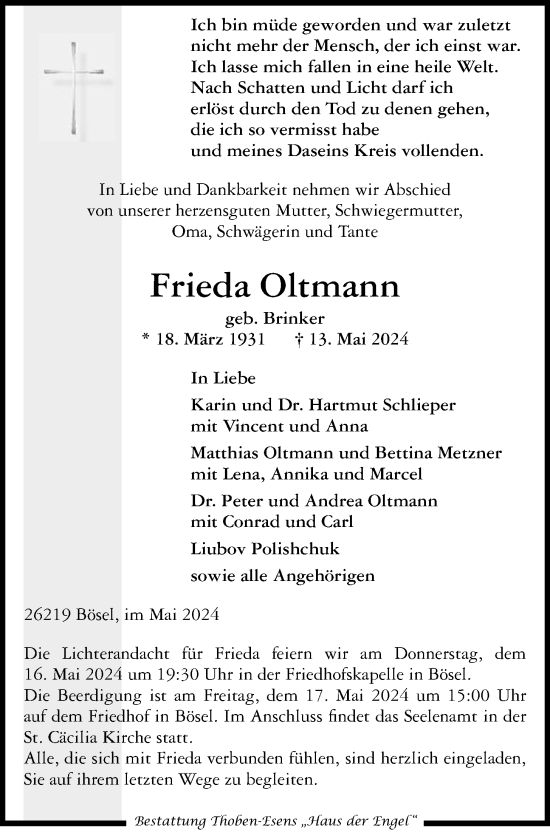 Anzeige von Frieda Oltmann von OM-Medien