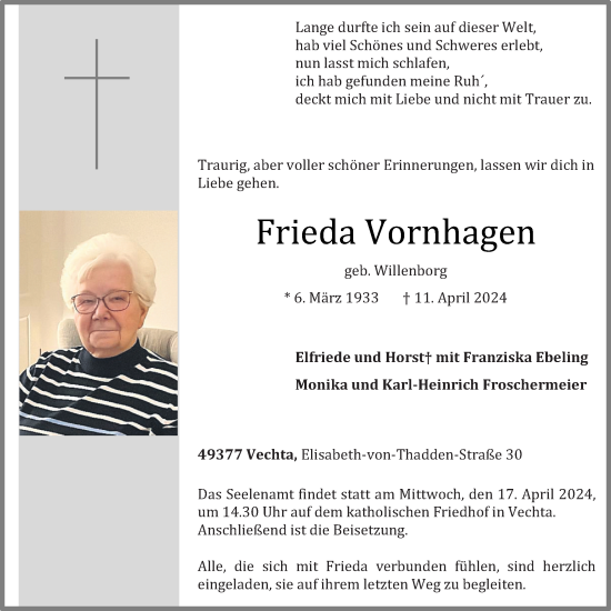 Anzeige von Frieda Vornhagen von OM-Medien