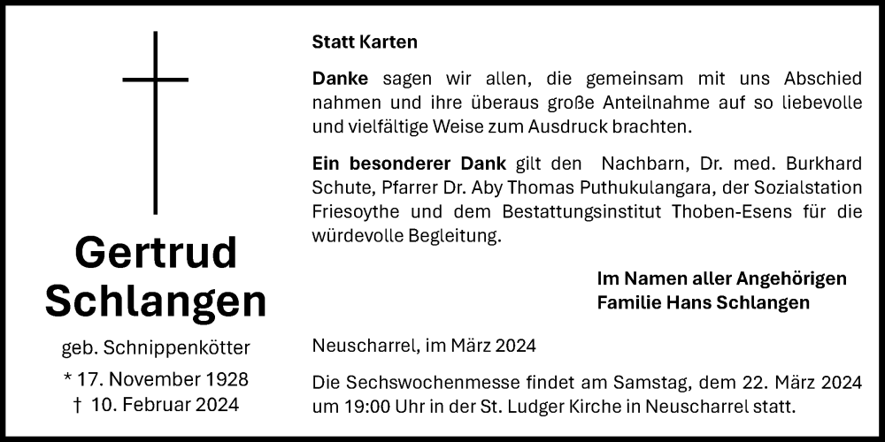  Traueranzeige für Gertrud Schlangen vom 20.03.2024 aus OM-Medien