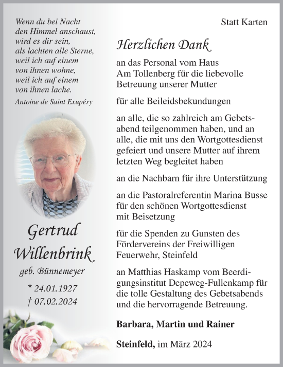 Anzeige von Gertrud Willenbrink von OM-Medien