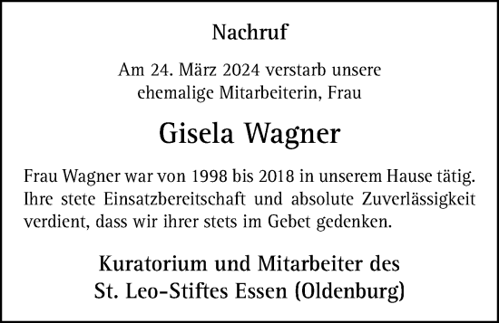 Anzeige von Gisela Wagner von OM-Medien