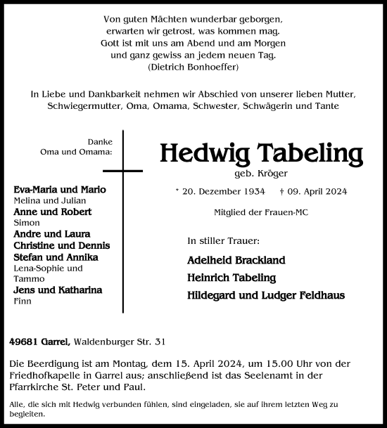 Anzeige von Hedwig Tabeling von OM-Medien