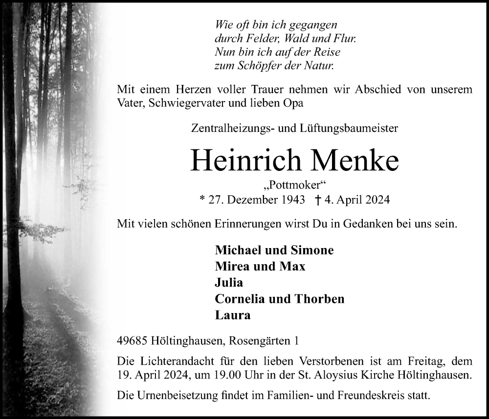  Traueranzeige für Heinrich Menke vom 13.04.2024 aus OM-Medien