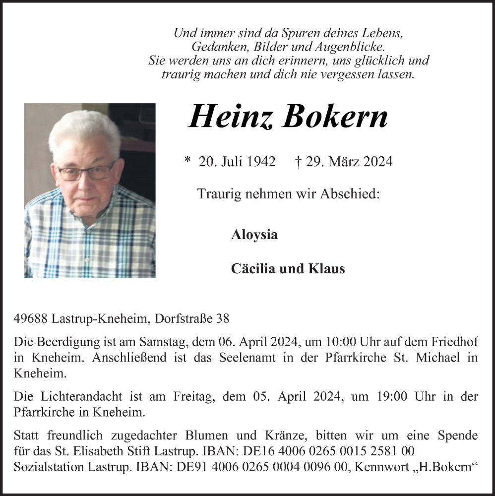  Traueranzeige für Heinz Bokern vom 03.04.2024 aus OM-Medien