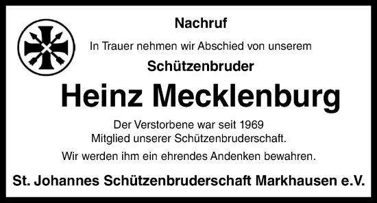 Anzeige von Heinz Mecklenburg von OM-Medien