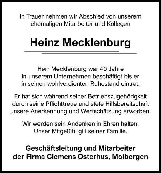 Anzeige von Heinz Mecklenburg von OM-Medien