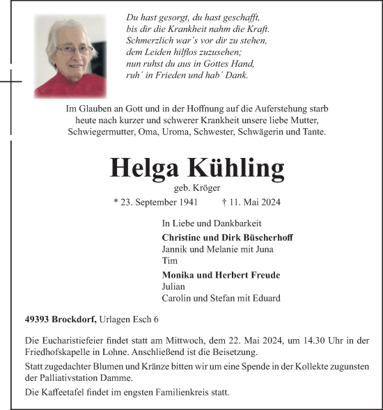 Anzeige von Helga Kühling von OM-Medien