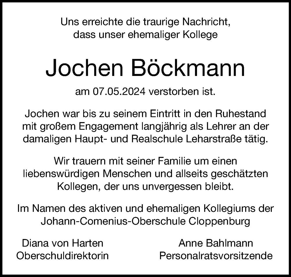  Traueranzeige für Jochen Böckmann vom 11.05.2024 aus OM-Medien