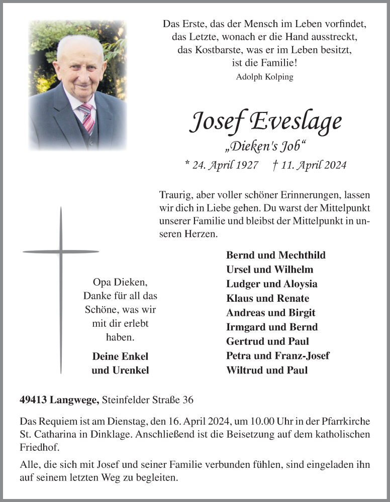  Traueranzeige für Josef Eveslage vom 13.04.2024 aus OM-Medien