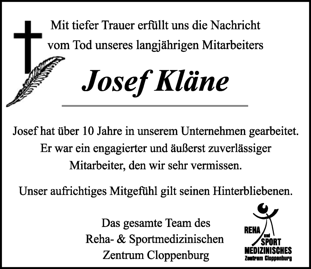  Traueranzeige für Josef Kläne vom 07.03.2024 aus OM-Medien