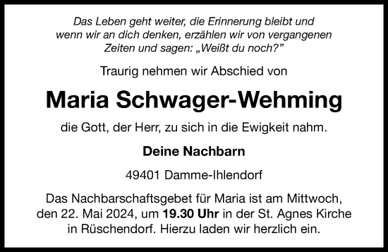 Anzeige von Maria Schwager-Wehming von OM-Medien