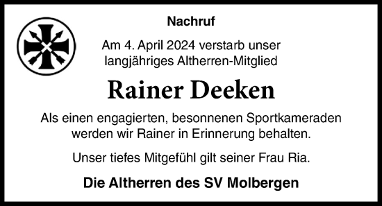 Anzeige von Rainer Deeken von OM-Medien