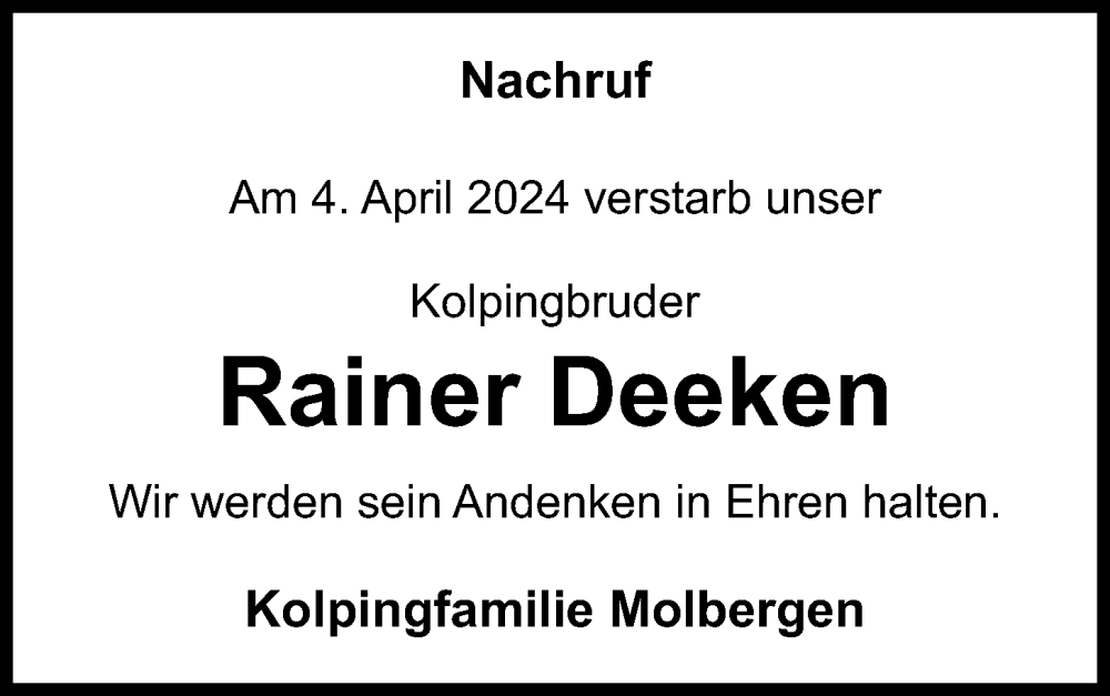  Traueranzeige für Rainer Deeken vom 08.04.2024 aus OM-Medien