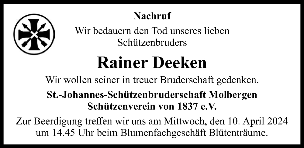  Traueranzeige für Rainer Deeken vom 08.04.2024 aus OM-Medien