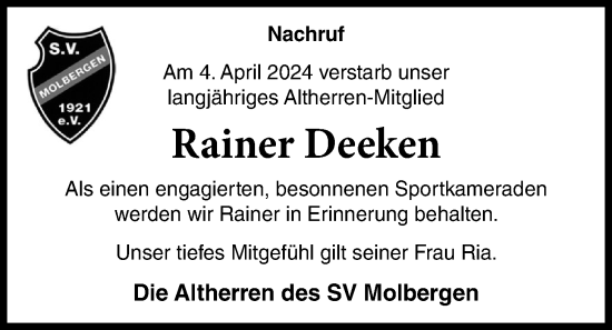 Anzeige von Rainer Deeken von OM-Medien