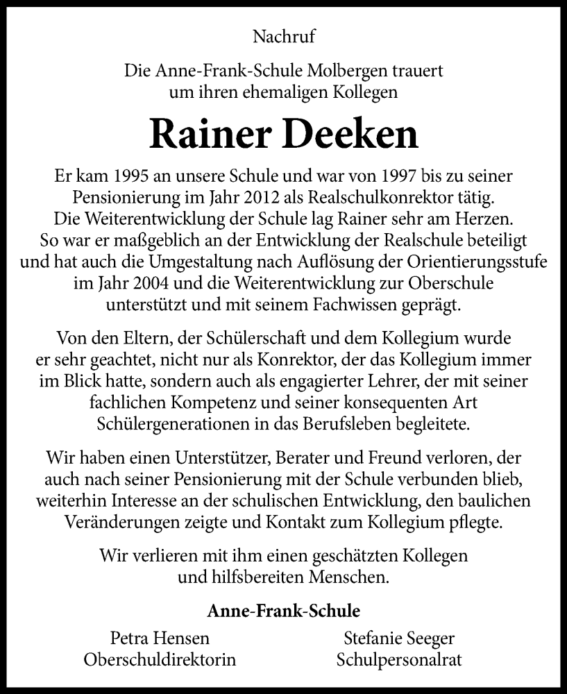  Traueranzeige für Rainer Deeken vom 08.04.2024 aus OM-Medien