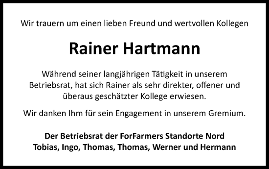 Anzeige von Rainer Hartmann von OM-Medien