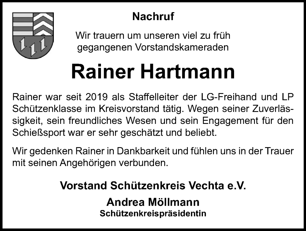  Traueranzeige für Rainer Hartmann vom 21.03.2024 aus OM-Medien