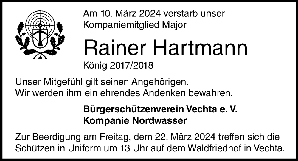  Traueranzeige für Rainer Hartmann vom 20.03.2024 aus OM-Medien