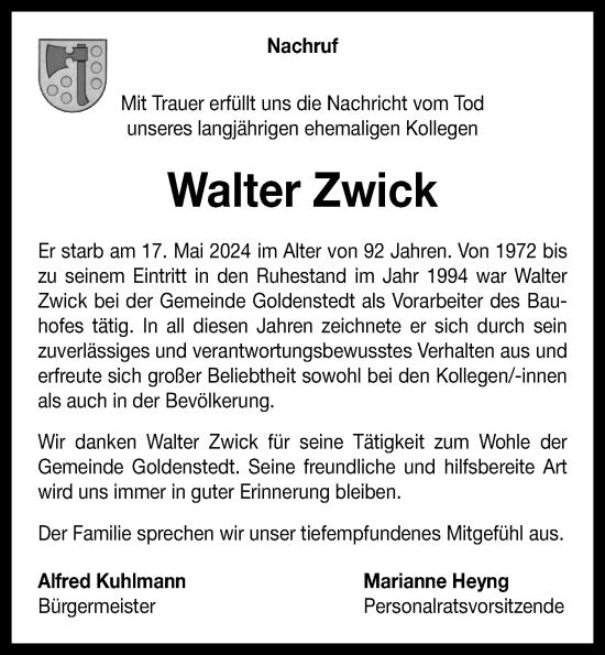 Anzeige von Walter Zwick von OM-Medien