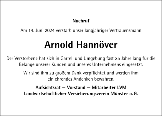 Anzeige von Arnold Hannöver von OM-Medien