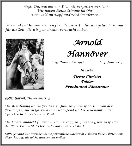 Anzeige von Arnold Hannöver von OM-Medien