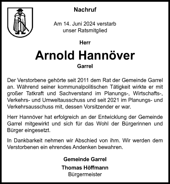 Anzeige von Arnold Hannöver von OM-Medien