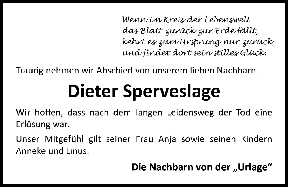  Traueranzeige für Dieter Sperveslage vom 12.06.2024 aus OM-Medien