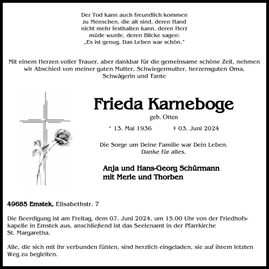 Anzeige von Frieda Karneboge von OM-Medien