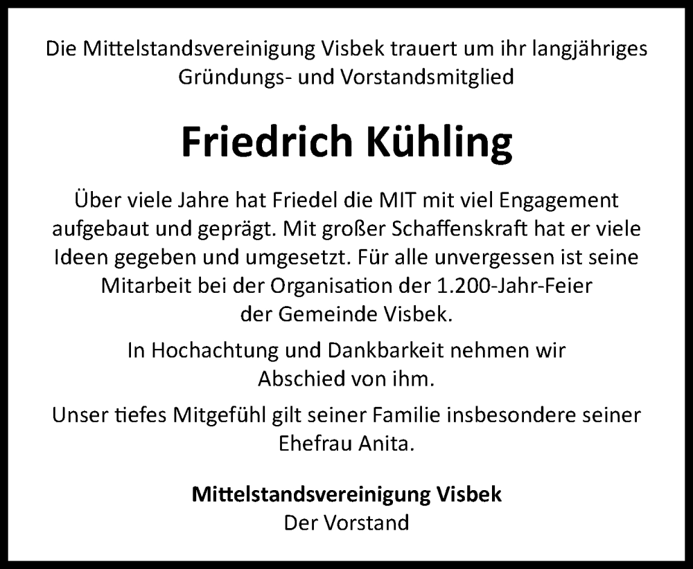  Traueranzeige für Friedrich Kühling vom 08.06.2024 aus OM-Medien