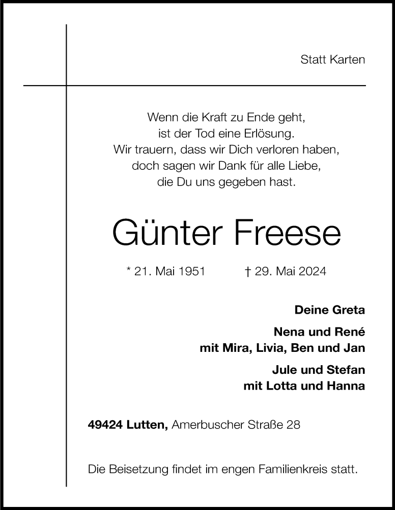  Traueranzeige für Günter Freese vom 31.05.2024 aus OM-Medien