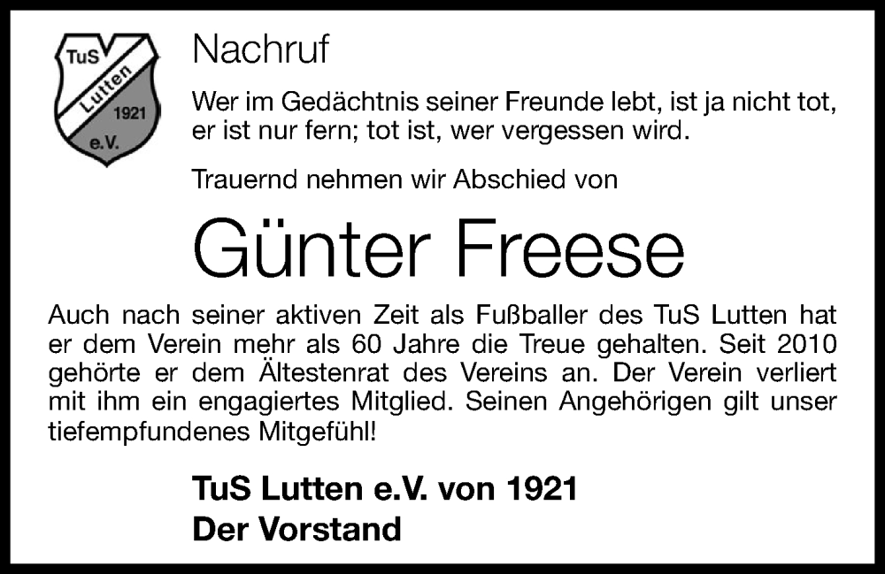  Traueranzeige für Günter Freese vom 01.06.2024 aus OM-Medien