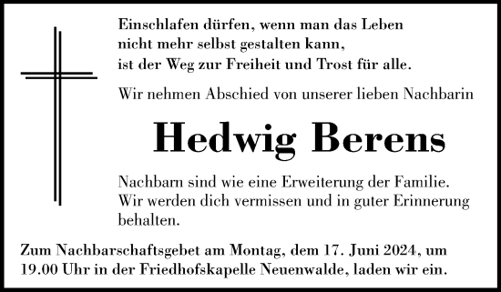 Anzeige von Hedwig Berens von OM-Medien