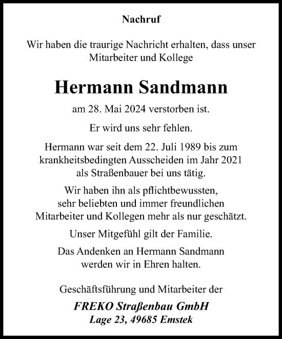 Anzeige von Hermann Sandmann von OM-Medien