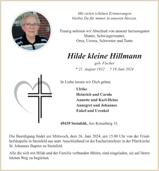 Anzeige von Hilde kleine Hillmann von OM-Medien