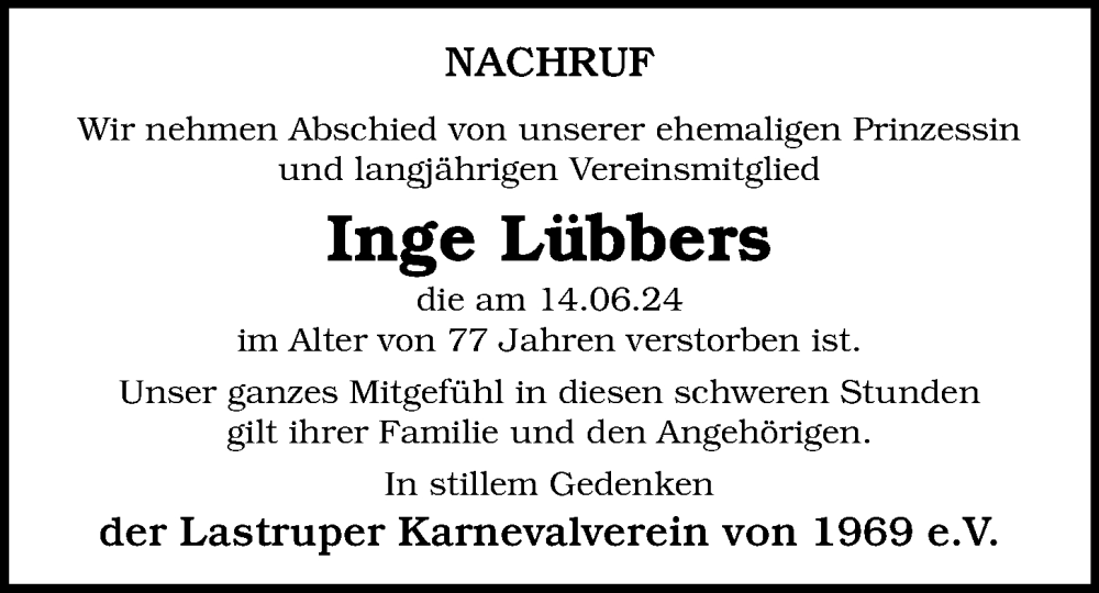  Traueranzeige für Inge Lübbers vom 21.06.2024 aus OM-Medien