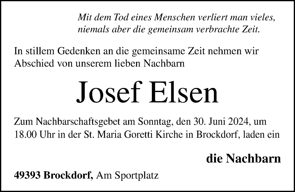  Traueranzeige für Josef Elsen vom 28.06.2024 aus OM-Medien