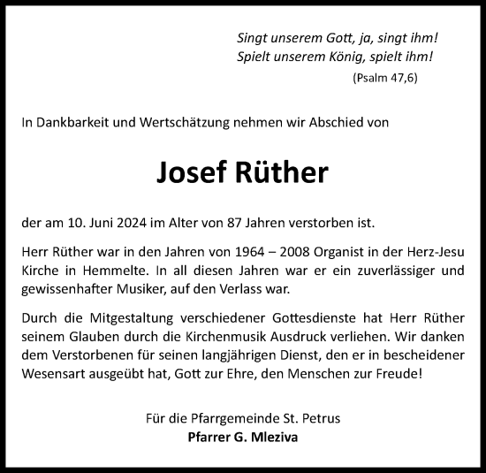 Anzeige von Josef Rüther von OM-Medien