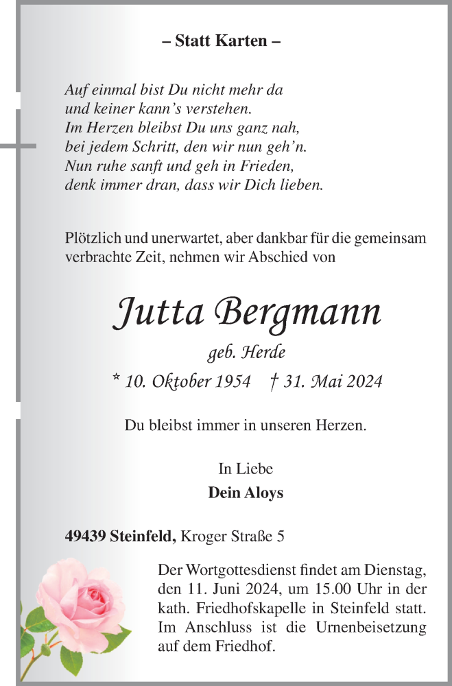  Traueranzeige für Jutta Bergmann vom 07.06.2024 aus OM-Medien