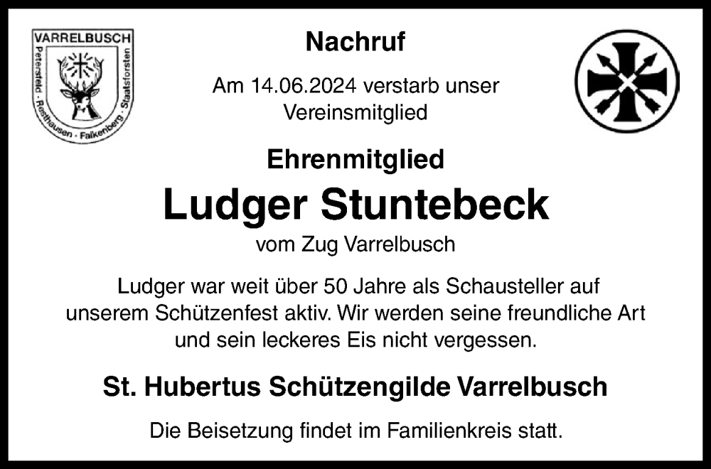  Traueranzeige für Ludger Stuntebeck vom 19.06.2024 aus OM-Medien