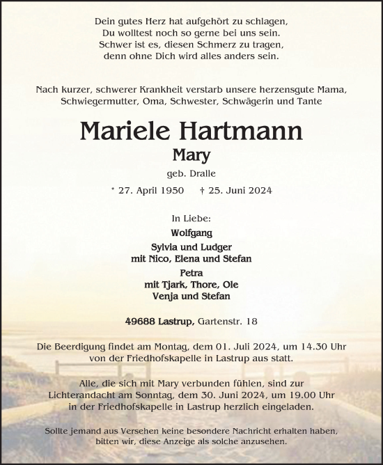 Anzeige von Mariele Hartmann von OM-Medien