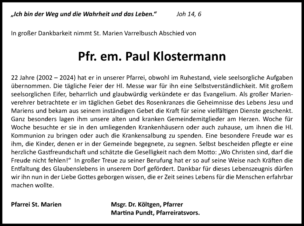  Traueranzeige für Paul Klostermann vom 06.06.2024 aus OM-Medien