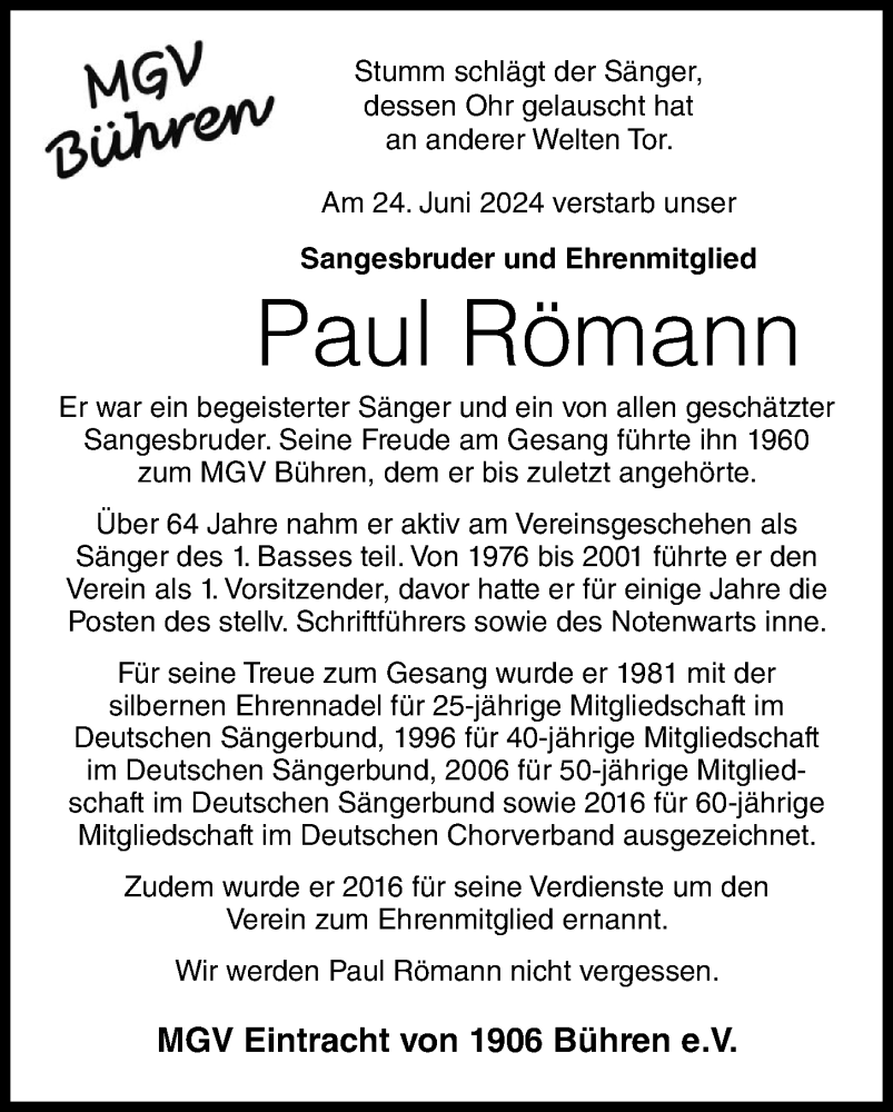  Traueranzeige für Paul Römann vom 28.06.2024 aus OM-Medien