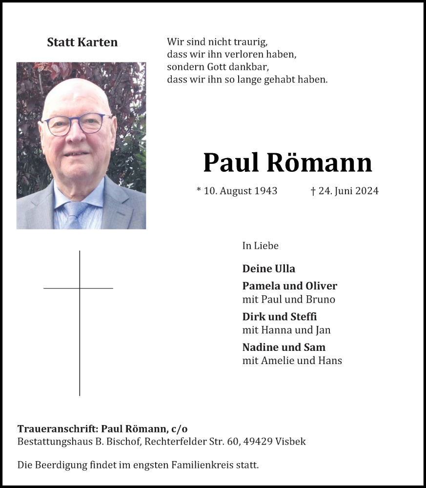  Traueranzeige für Paul Römann vom 27.06.2024 aus OM-Medien