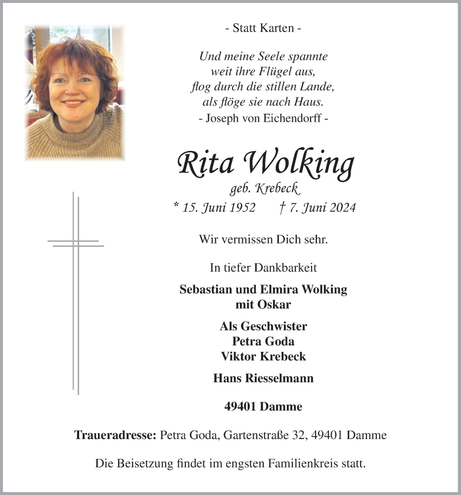  Traueranzeige für Rita Wolking vom 12.06.2024 aus OM-Medien