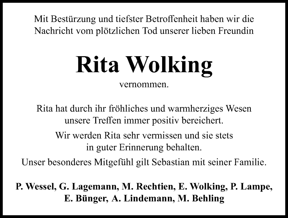  Traueranzeige für Rita Wolking vom 13.06.2024 aus OM-Medien