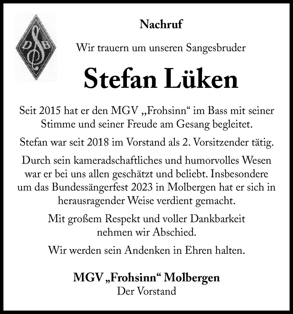  Traueranzeige für Stefan Lüken vom 20.06.2024 aus OM-Medien