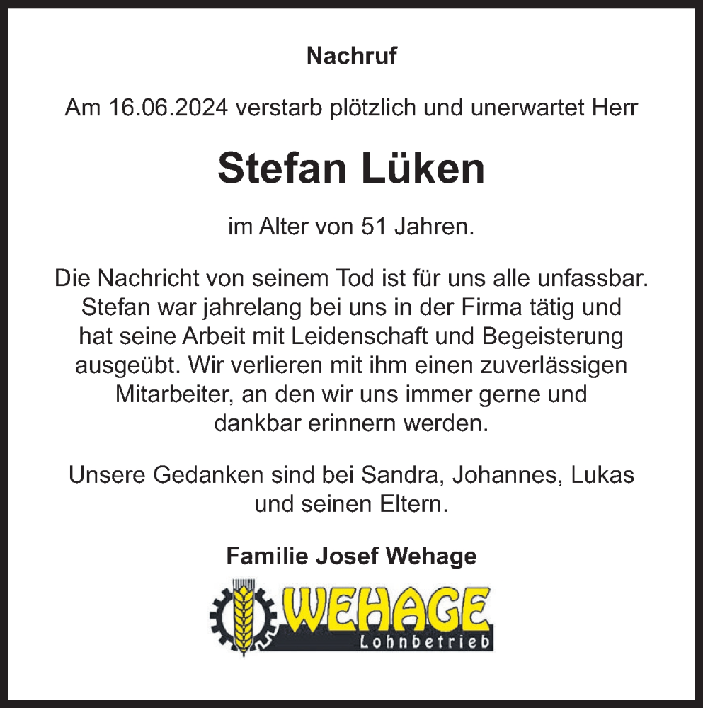  Traueranzeige für Stefan Lüken vom 19.06.2024 aus OM-Medien