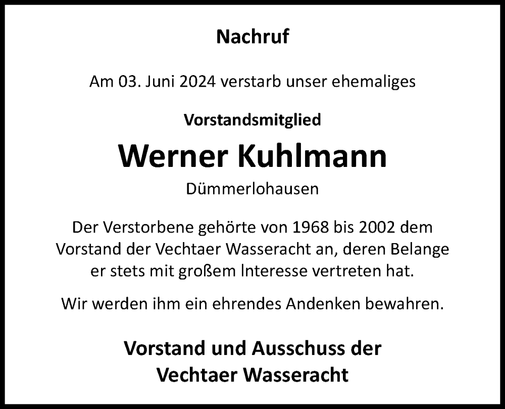  Traueranzeige für Werner Kuhlmann vom 06.06.2024 aus OM-Medien