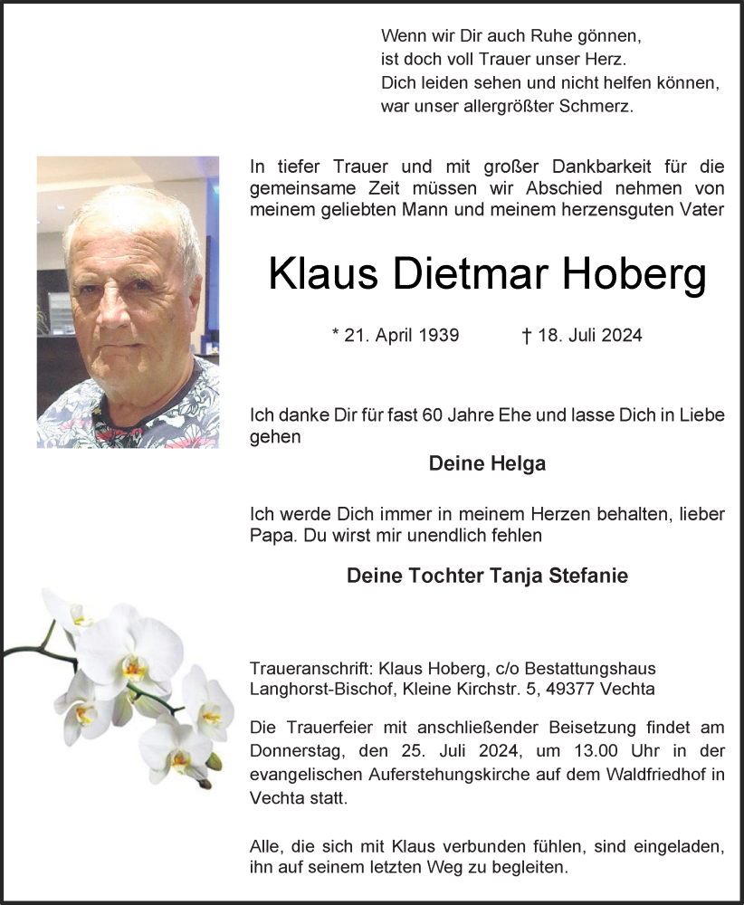  Traueranzeige für Klaus Dietmar Hoberg vom 22.07.2024 aus OM-MEDIEN